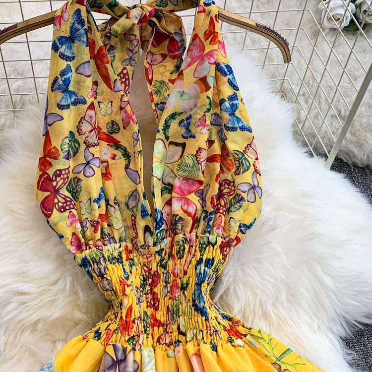Retro-printed Resort-style Deep-V-neck Halter Dress - Image 3
