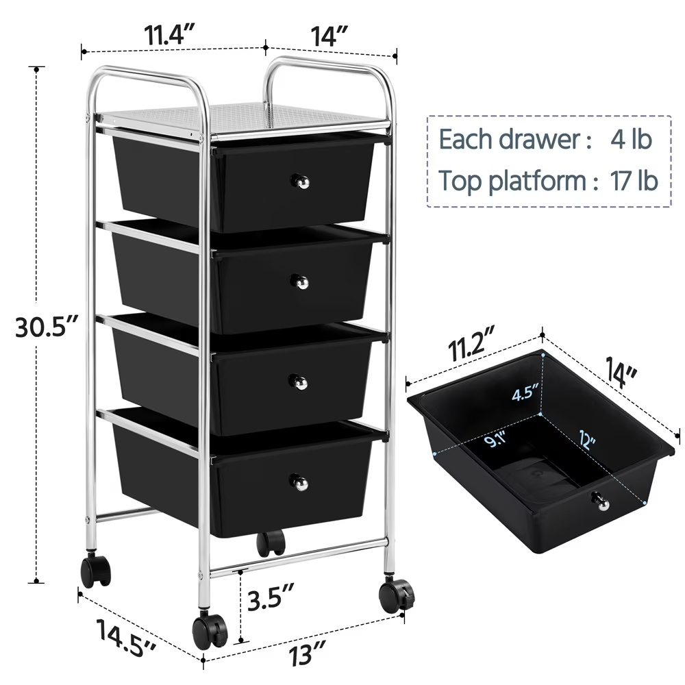 4 Drawers Metal Frame Storage Cart Rolling Bin Trolley, Black - Image 6