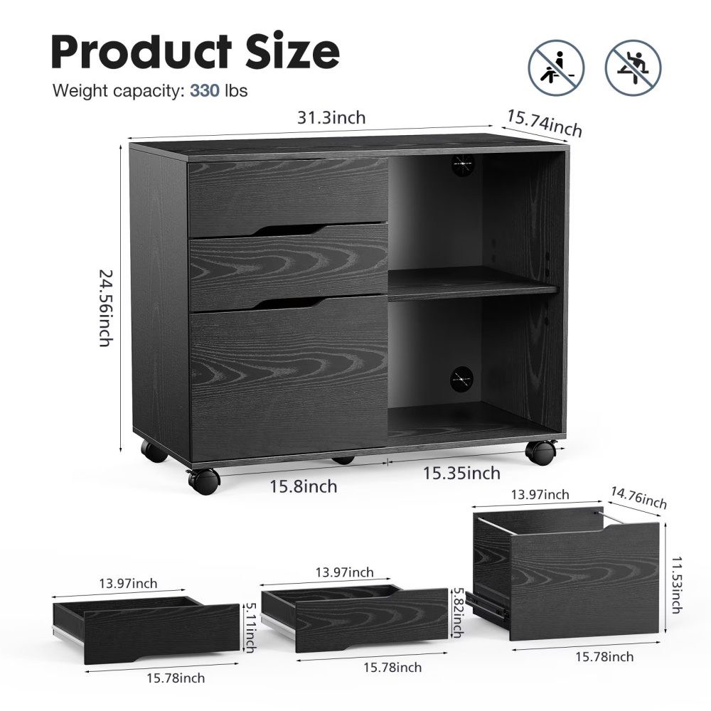 3-Drawer File Cabinet With Wheels, Rolling Wood Printer Stand With Open Storage Shelves For Home Office, Black - Image 3