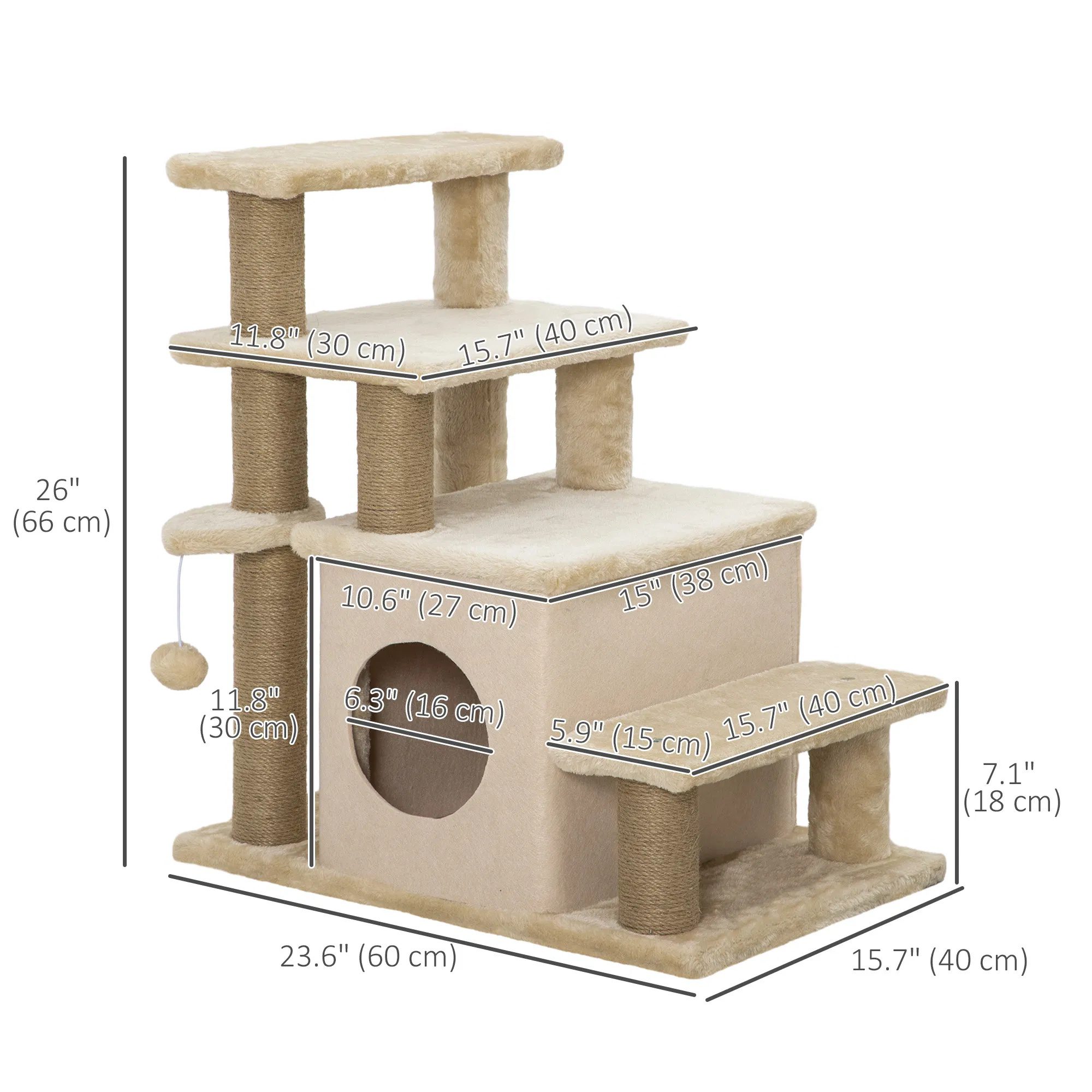 Cat Stairs Pet Steps for Couch Bed with Scratching Posts Condo Ball Toy, 23.6" x 15.7" x 26", Beige - Image 2