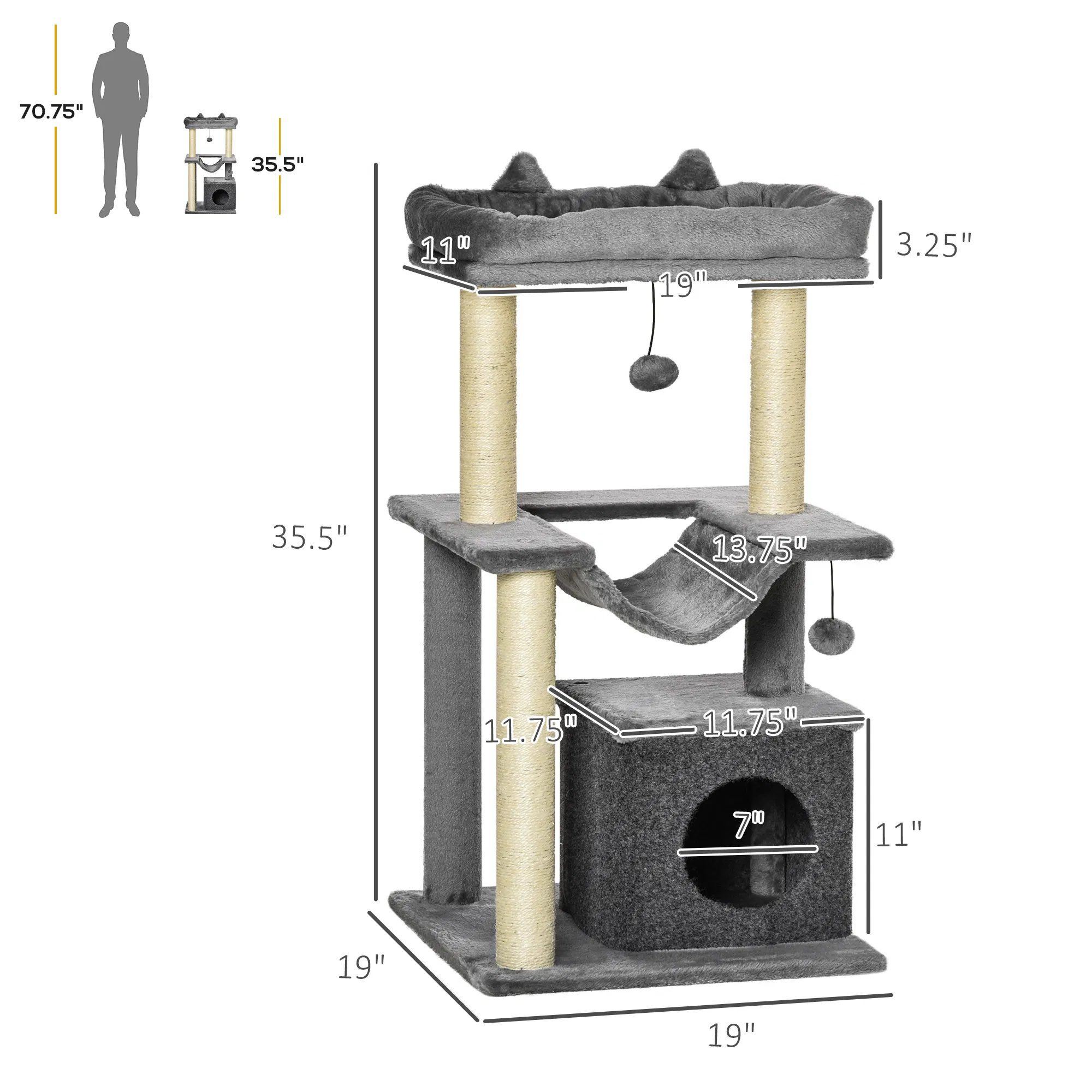 39.25'' Cat Tree Tower Multi-Level Kitten House with Scratching Post Condo Hammock Bed Ball Toy - Gray - Image 2