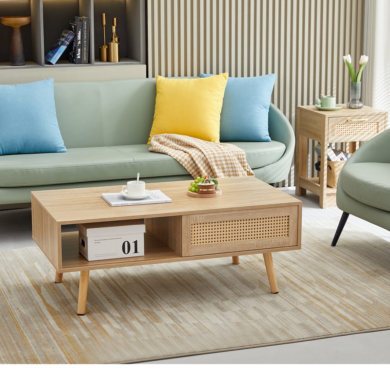 41.34inch Rattan Coffee Table Sliding Door Modern Table For Storage, Solid Wood Legs - Image 5