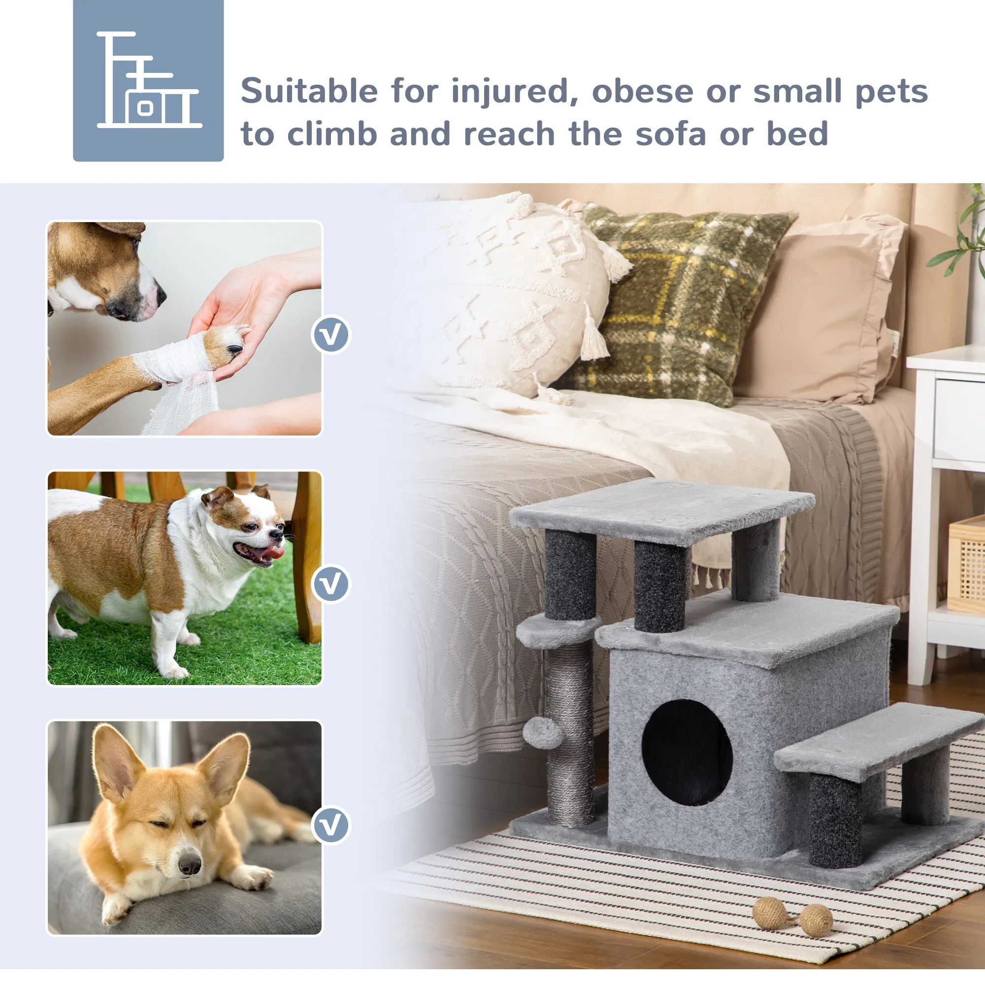 Cat Stairs Pet Steps for Couch Bed with Scratching Posts Condo Ball Toy, 23.6" x 15.7" x 26", Grey - Image 6
