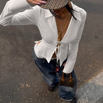 Street-style French Retro Lace-up Bow-waist Slimming Shirt