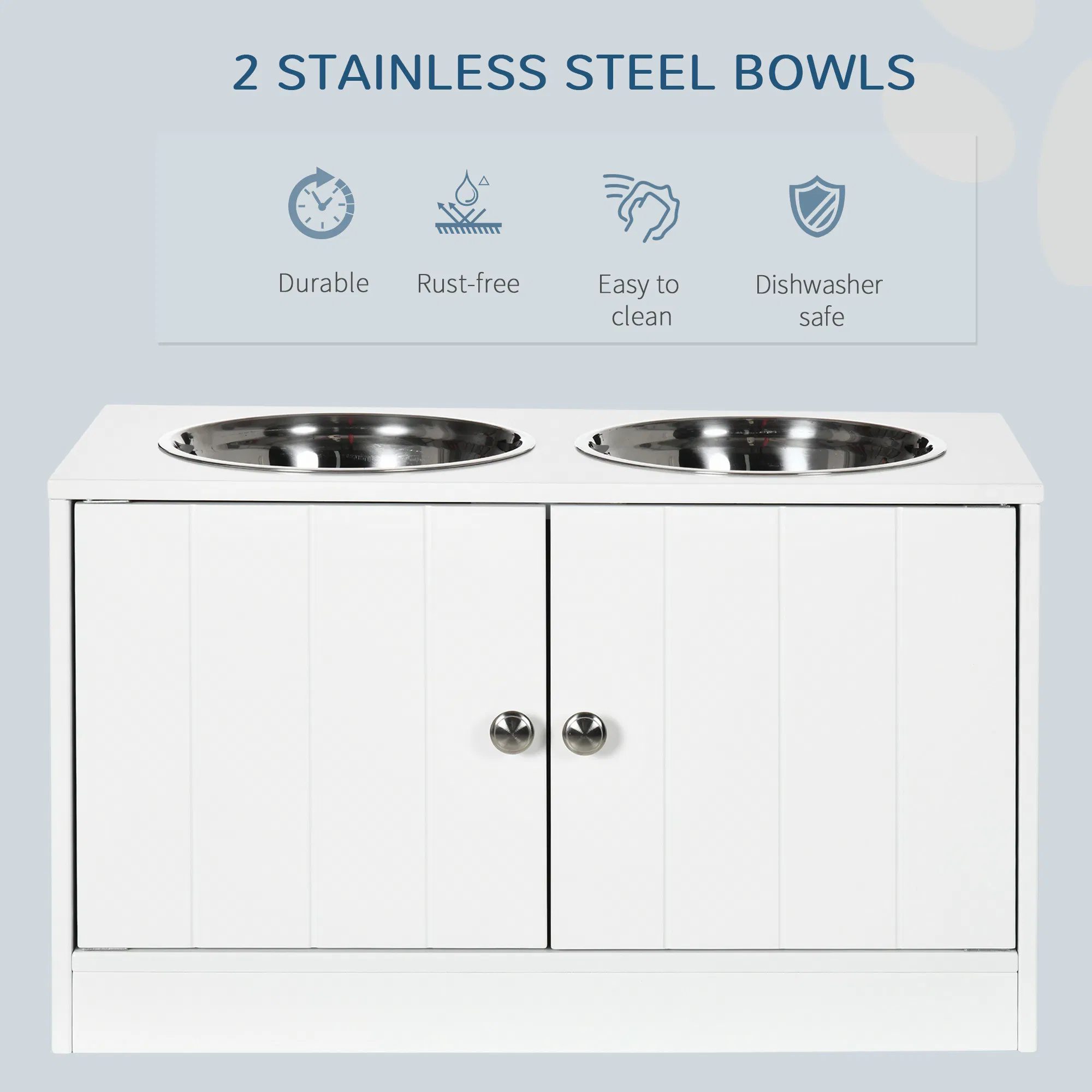 Elevated Dog Bowls for Large Dogs Pet Feeding Station with Stand, Storage, 2 Stainless Steel Food and Water Bowls, White, 23.6" x 11.8" x 14" - Image 3
