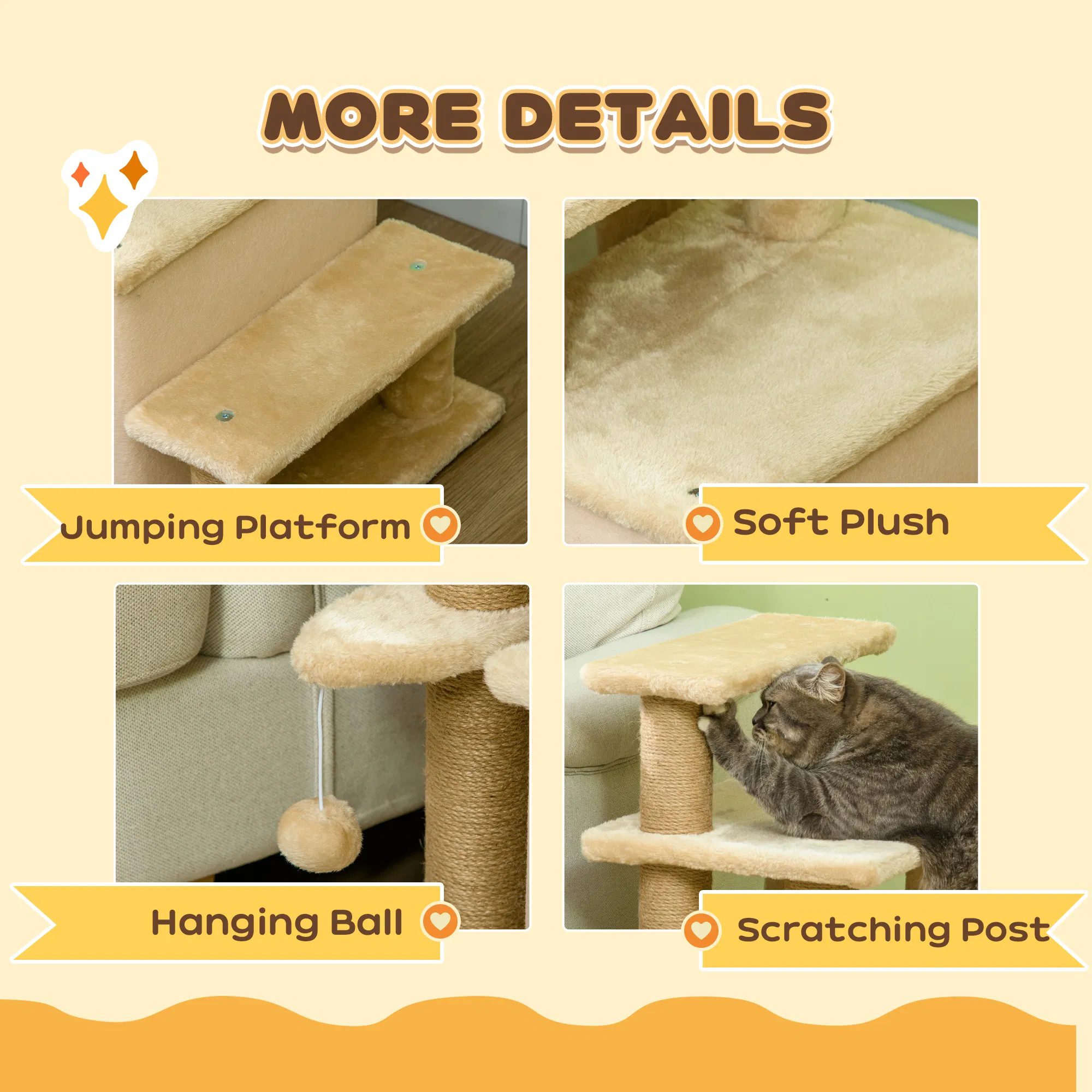 Cat Stairs Pet Steps for Couch Bed with Scratching Posts Condo Ball Toy, 23.6" x 15.7" x 26", Beige - Image 5