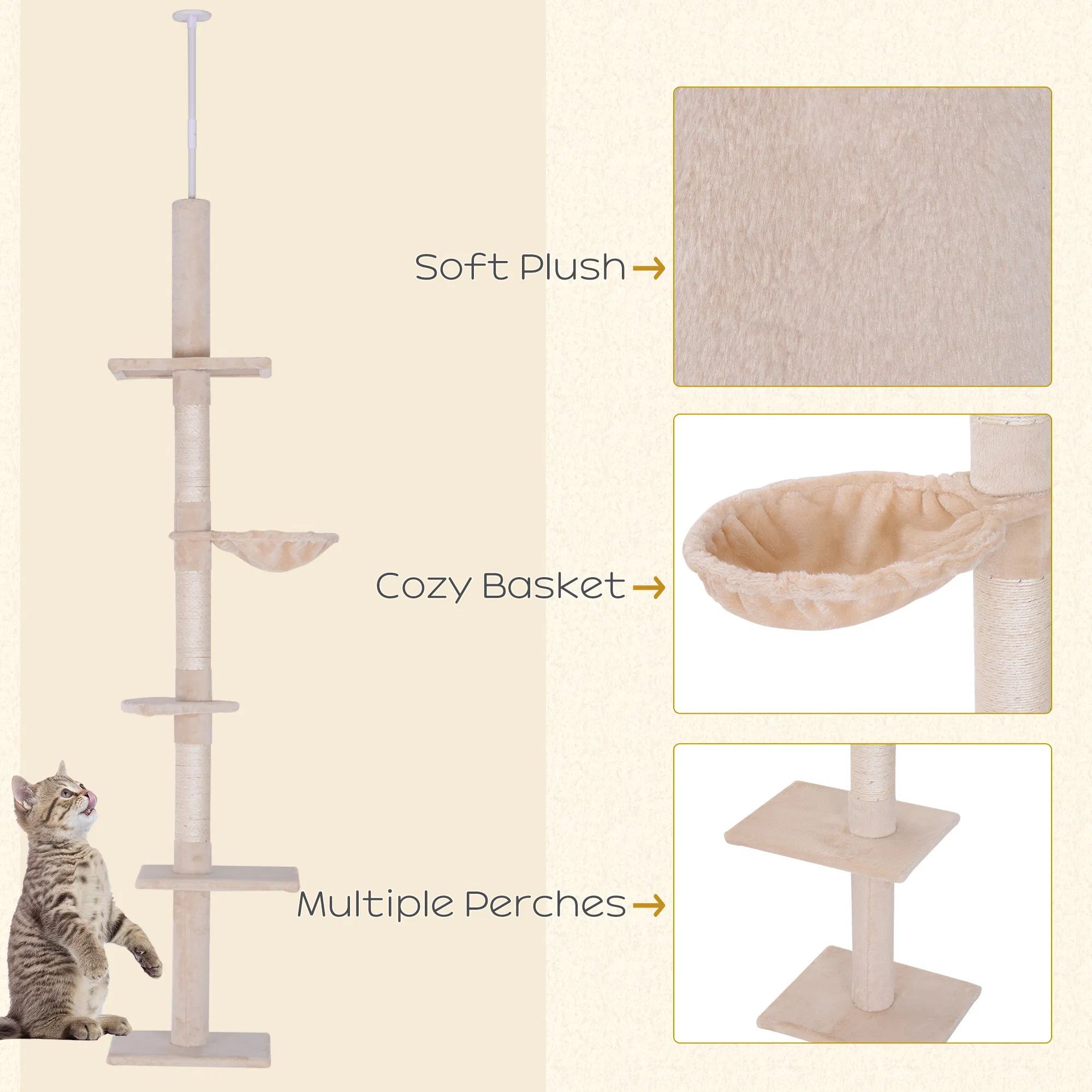 8.5ft Cat Climbing Tree 5-Tier Kitty Activity Center with Scratching Post Beige - Image 5