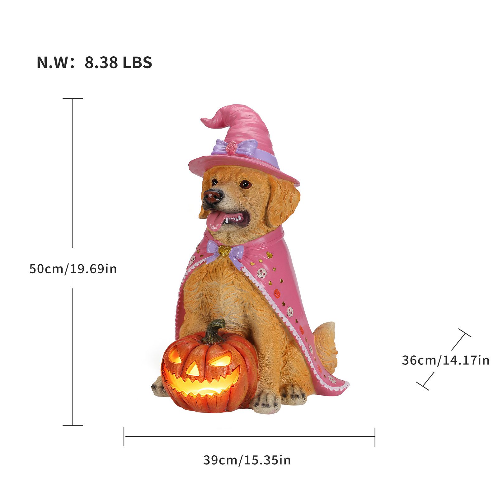 Halloween Golden Retriever Dog Statue, Large Sitting Dog Figurine with Pink Witch Hat & Cape, LED Light Up Jack-O-Lantern Pumpkin - Image 4