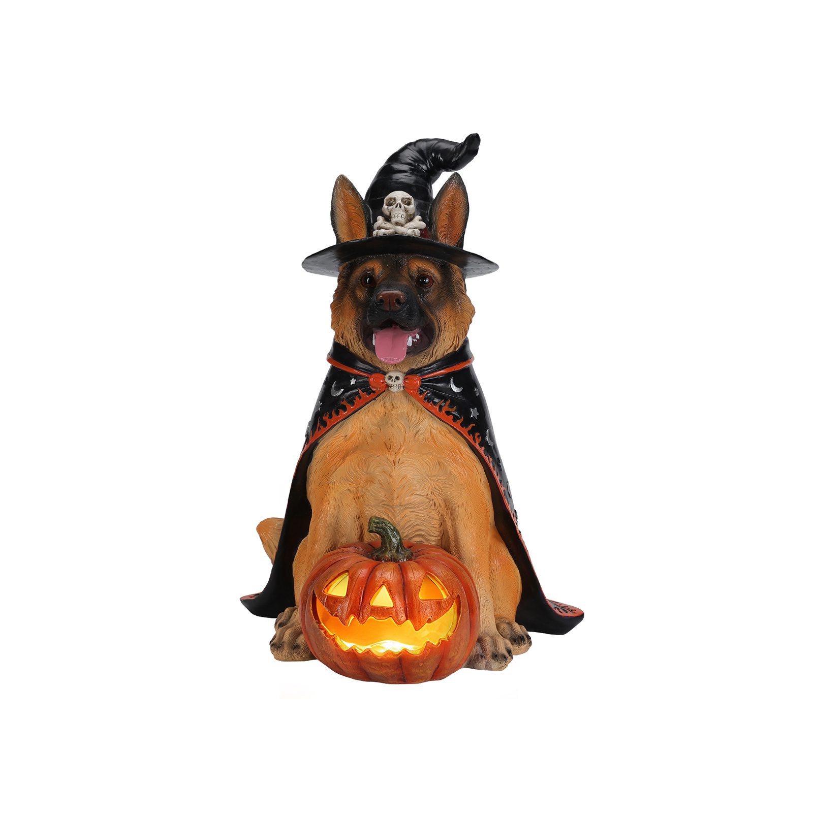 Halloween German Shepherd Dog Statue, Large Sitting Dog Figurine with Witch Hat & Cape, LED Light Up Jack-O-Lantern Pumpkin - Image 7