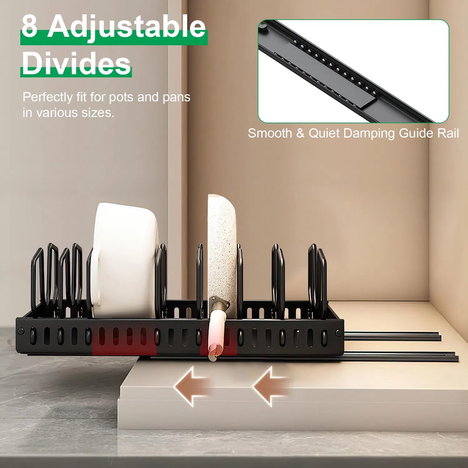 Pull Out Pots and Pans Organizer for Cabinet - 8 Adjustable Dividers, Tool-Free Installation, Damping Rail for Smooth Access, Sturdy Anti-Rust Carbon Steel - Holds Lids, Fry Pans, Bakeware & More - Image 5