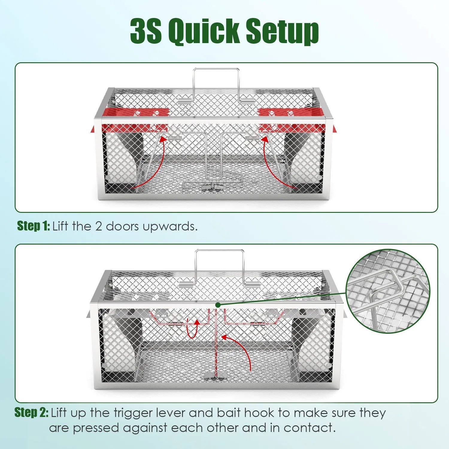 2Pcs Humane Mouse Trap Cage - Dual-Door Design for Continuous Catching, Heavy-Duty Galvanized Iron - Safe, Portable, Indoor/Outdoor Use, Quick 3-Second Setup - Image 2