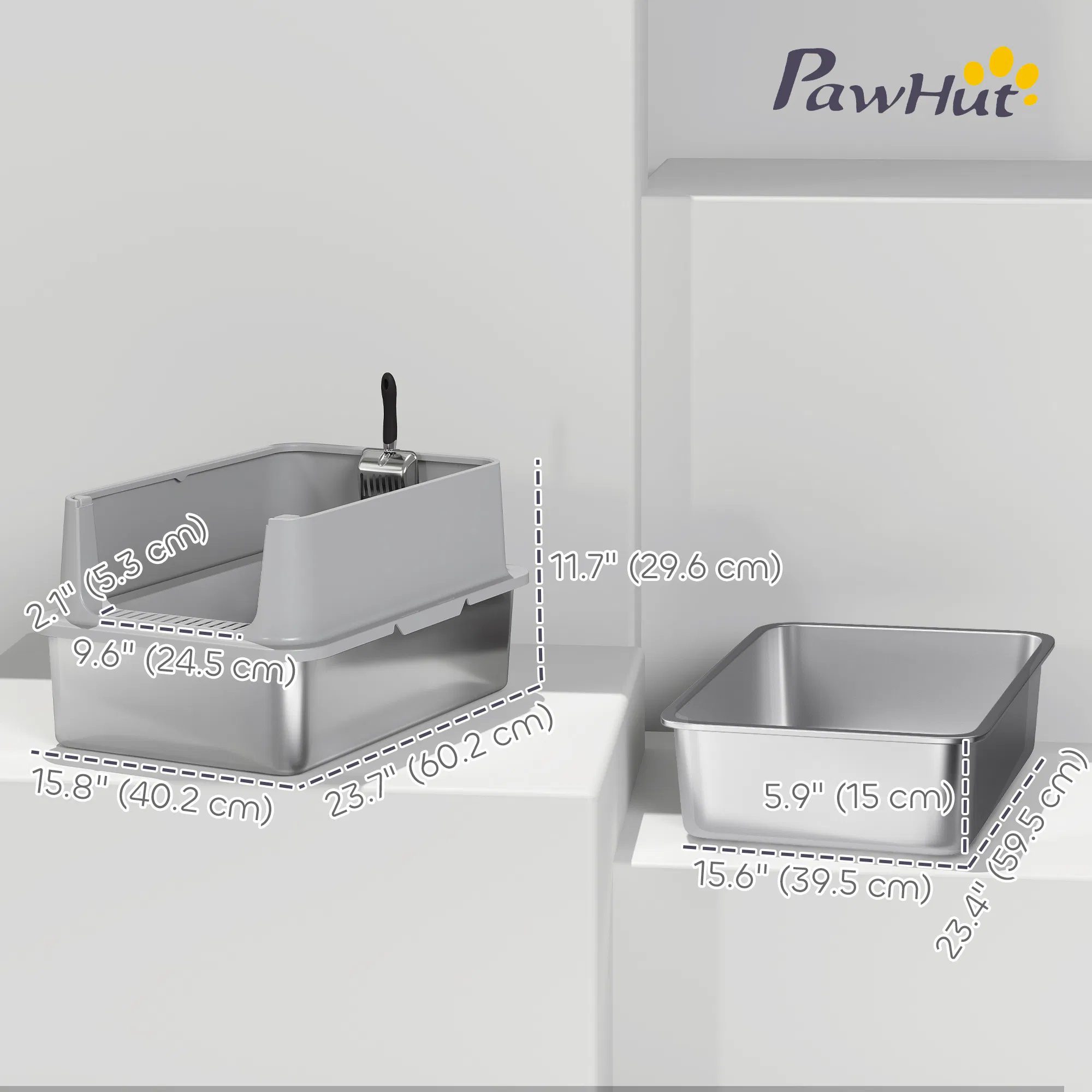 XL Stainless Steel Cat Litter Box for Big and Multiple Cats with High Wall Side, Scoop, Easy Cleaning & Odor Free - Image 2