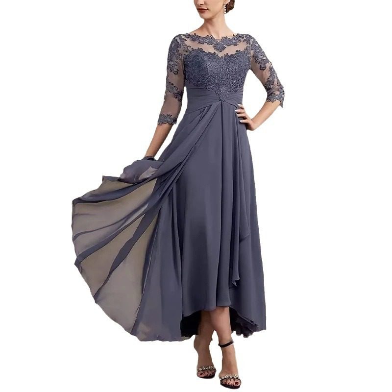Lace Applique Chiffon Dress Mid-sleeve Mom Dress - Image 5