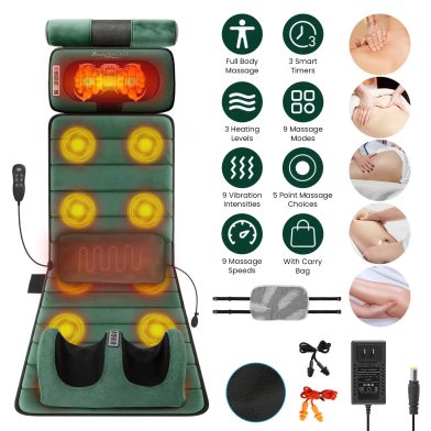 Full Body Massage Pad with Separable Shiatsu Neck & Foot Massagers, Adjustable Inflatable Waist Pillow 3 Heat Levels Custom Vibration Settings Foldable Design with Carry Bag