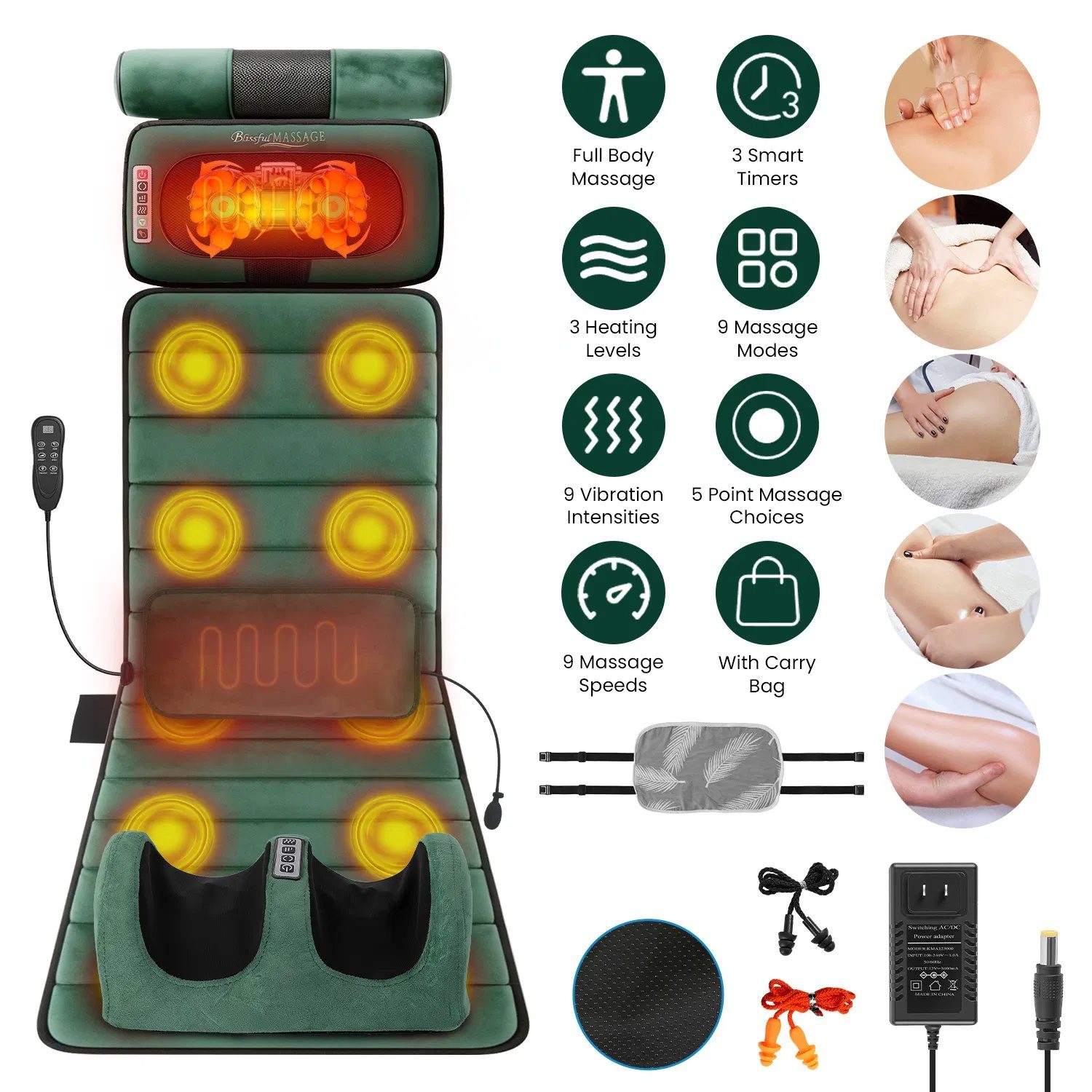Full Body Massage Pad with Separable Shiatsu Neck & Foot Massagers, Adjustable Inflatable Waist Pillow 3 Heat Levels Custom Vibration Settings Foldable Design with Carry Bag