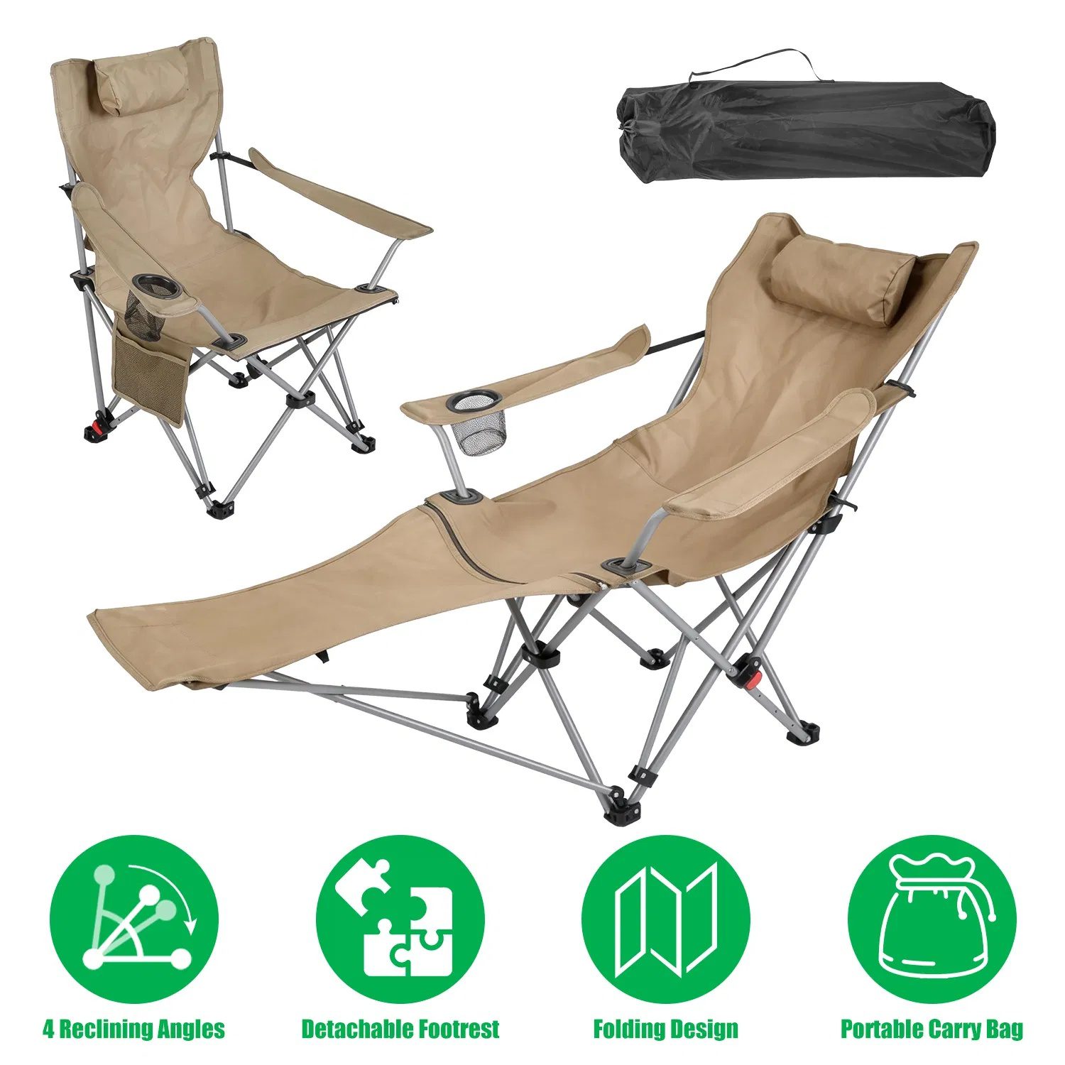 Portable Folding Camping Chair with Removable Footrest Waterproof Oxford Cloth Support 220lbs Multifunctional Recliner Chair with Cup Holder & Side Pocket - Image 5