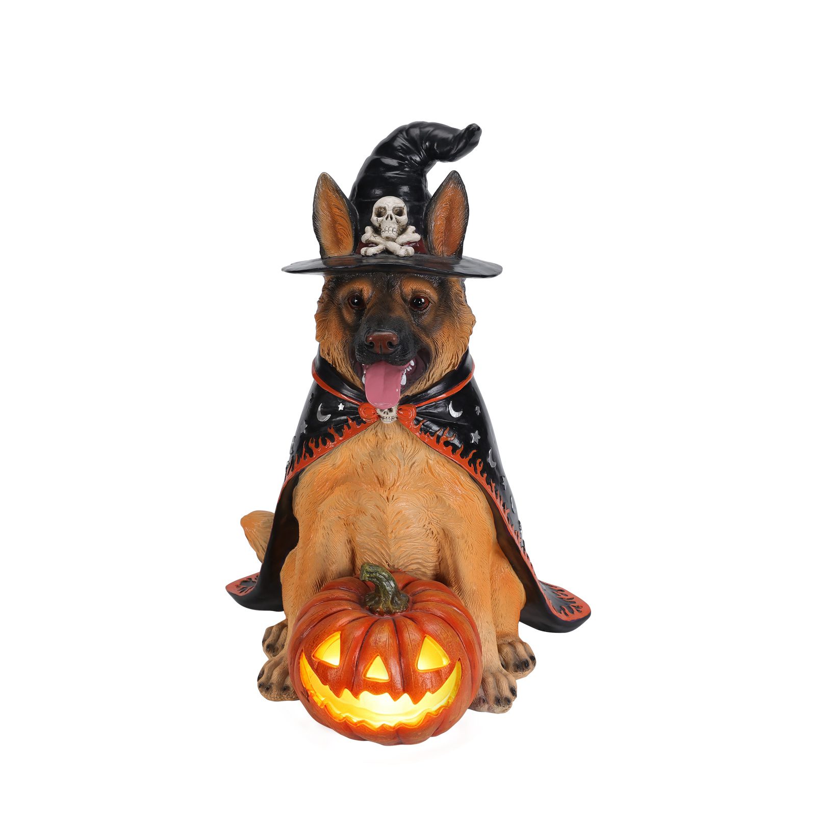 Halloween German Shepherd Dog Statue, Large Sitting Dog Figurine with Witch Hat & Cape, LED Light Up Jack-O-Lantern Pumpkin - Image 6