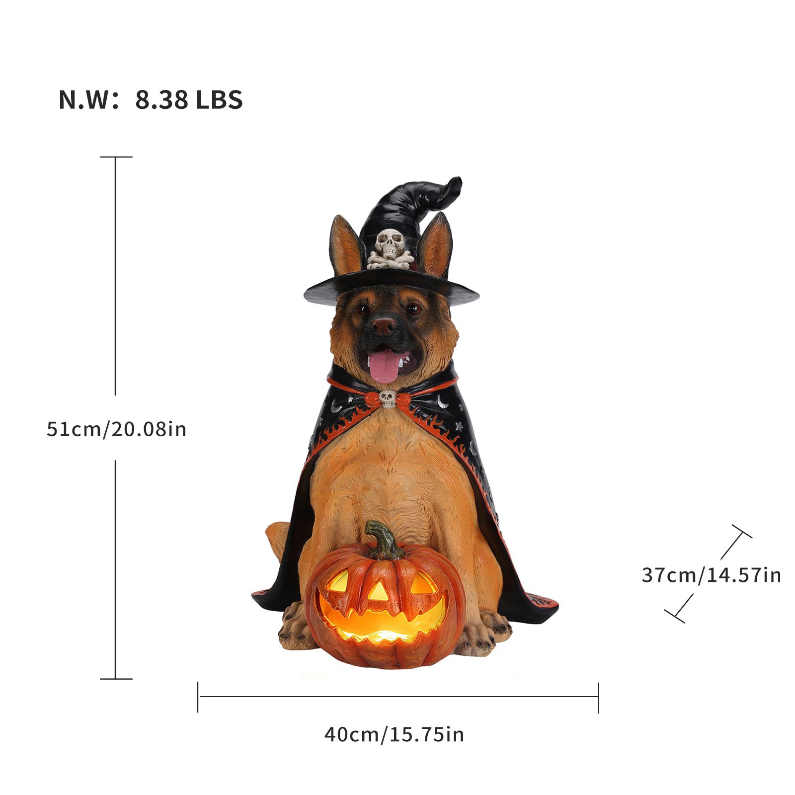 Halloween German Shepherd Dog Statue, Large Sitting Dog Figurine with Witch Hat & Cape, LED Light Up Jack-O-Lantern Pumpkin - Image 4