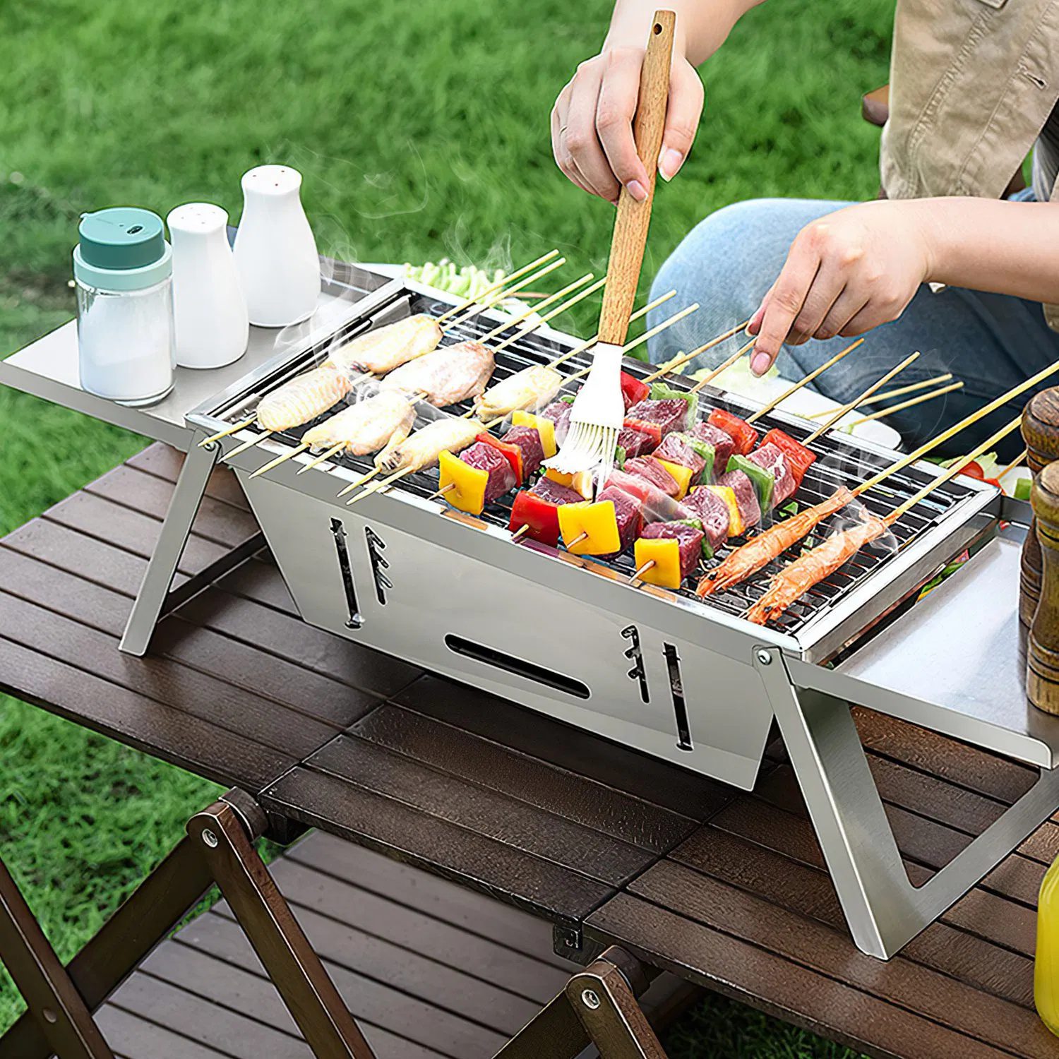 Foldable Charcoal BBQ Grill Stainless Steel Grill Net Easy Setup Portable Tabletop Barbecue Grill for Camping Picnic Outdoor Party Backyard - Image 9