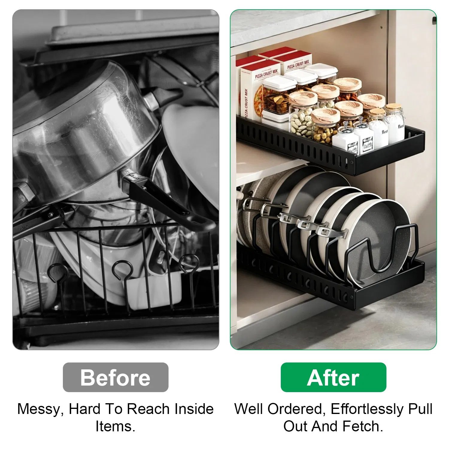 Pull Out Pots and Pans Organizer for Cabinet - 8 Adjustable Dividers, Tool-Free Installation, Damping Rail for Smooth Access, Sturdy Anti-Rust Carbon Steel - Holds Lids, Fry Pans, Bakeware & More - Image 9
