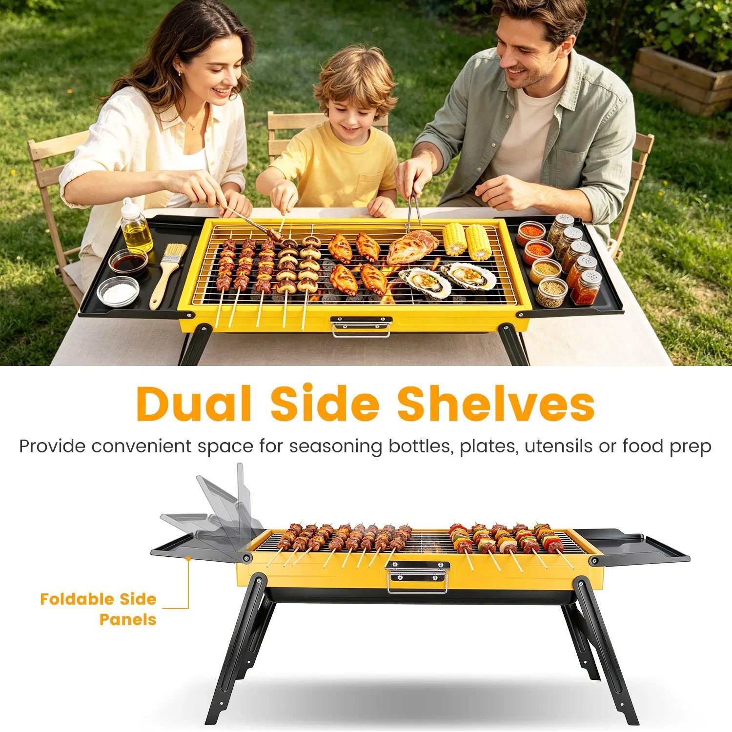 Multi-Function Portable Charcoal Grill with Prep Side Tables, Powder Coated Foldable BBQ for Camping Picnic RV Backyard Party - Image 8