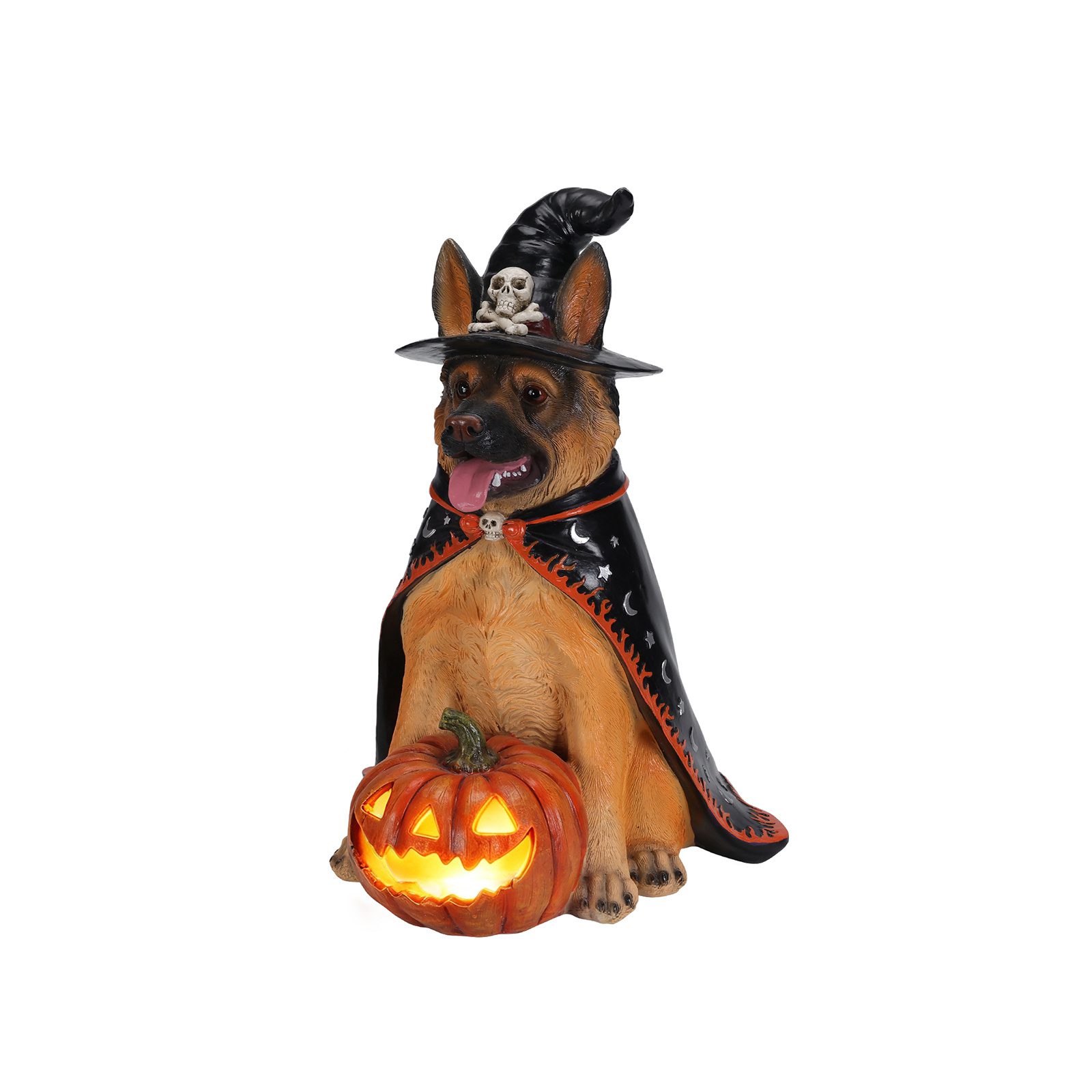 Halloween German Shepherd Dog Statue, Large Sitting Dog Figurine with Witch Hat & Cape, LED Light Up Jack-O-Lantern Pumpkin - Image 9