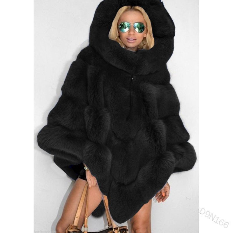Solid Color Hooded Faux Fur Patchwork Loose Coat Elegant Commuter Cape Women's - Image 2