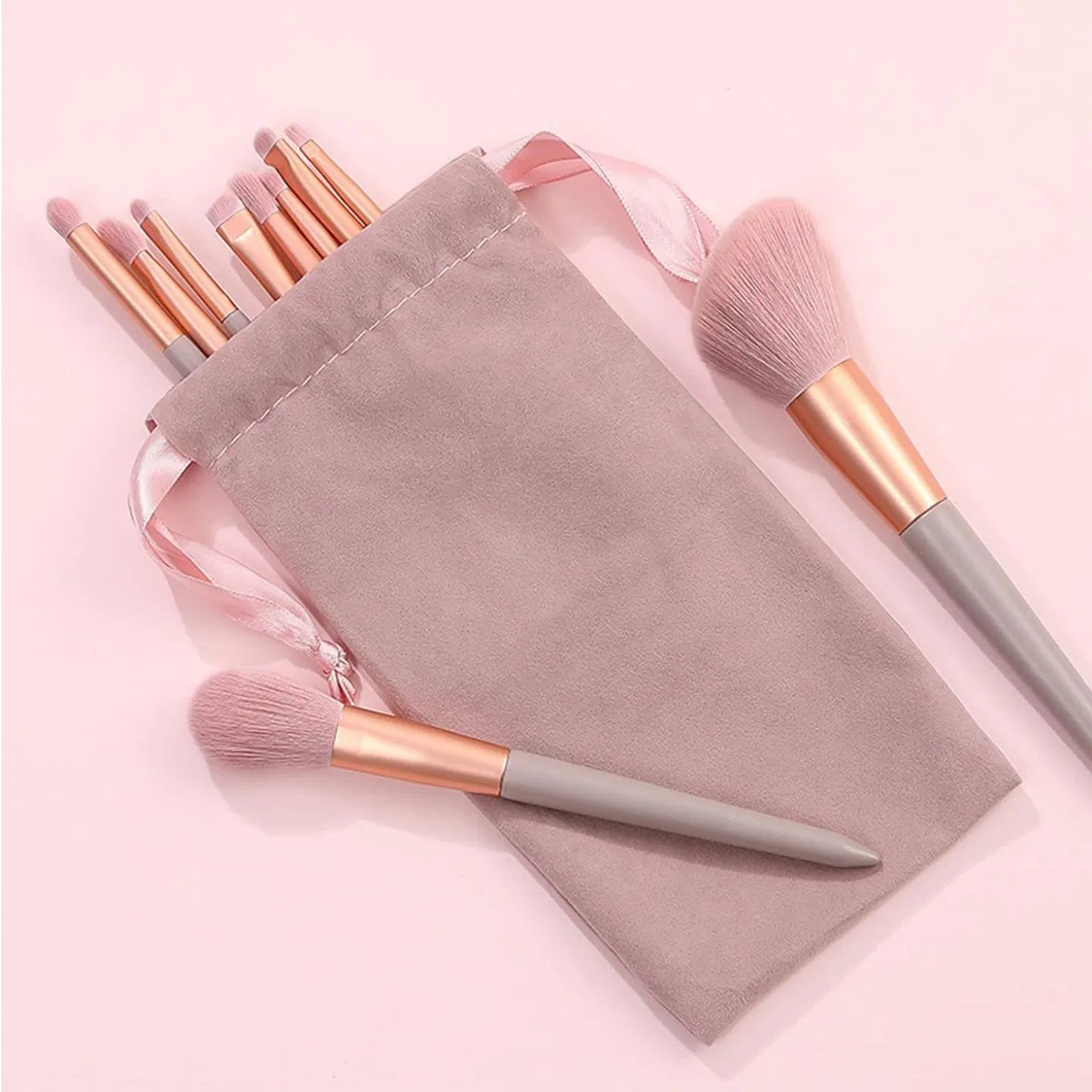 13-piece pink makeup brush set, complete for face and eye application, soft bristles for smooth powder pickup, comes with a velvet storage pouch - Image 8