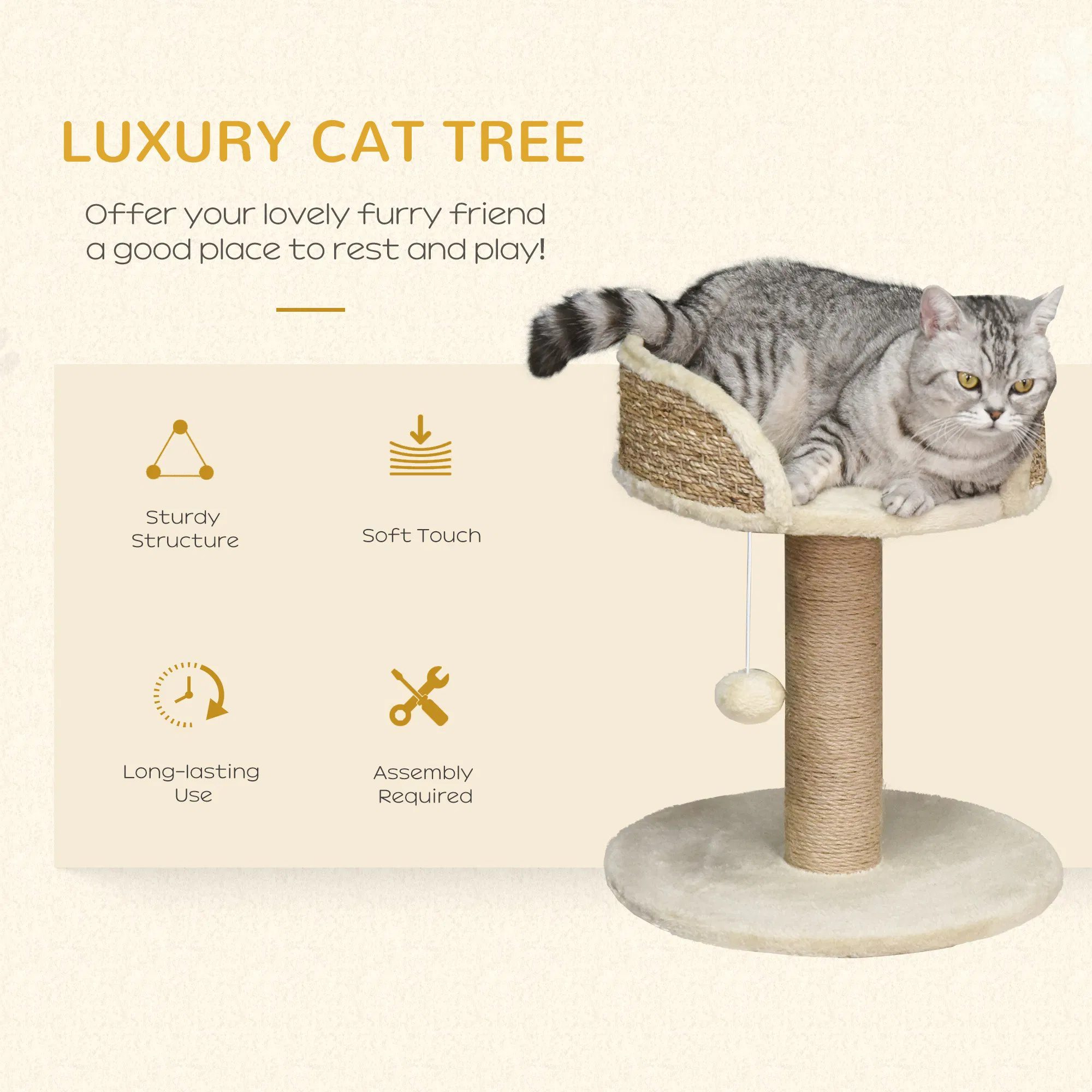 Cat Tree with Scratching Post, Toy Ball, Perch, Small Cat Tower for Indoor Cats - 16" x 16" x 19", Beige - Image 3
