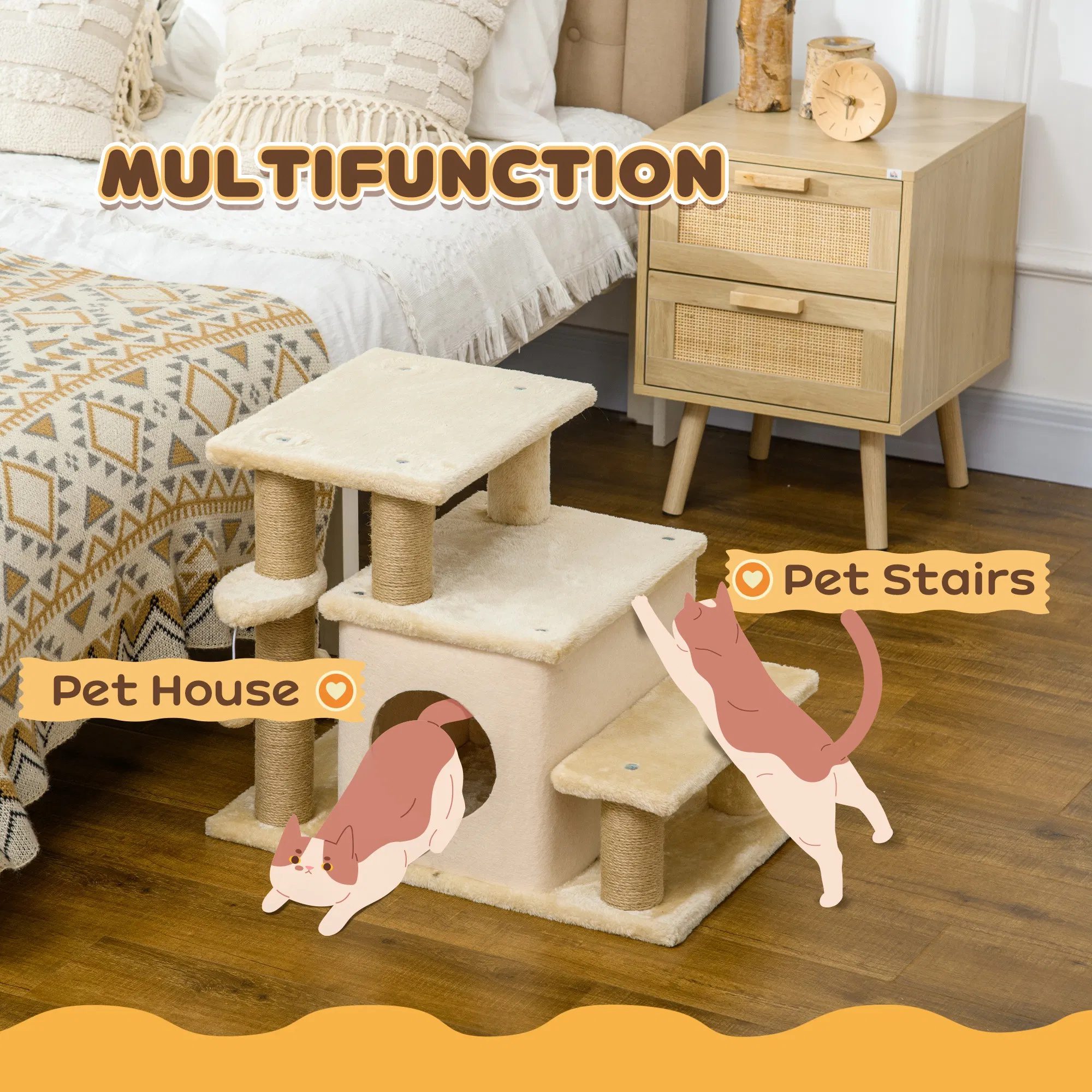 Cat Stairs Pet Steps for Couch Bed with Scratching Posts Condo Ball Toy, 23.6" x 15.7" x 26", Beige - Image 4
