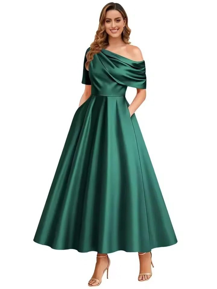 New Elegant And Sophisticated Satin Off-Shoulder Solid Color Dress - Image 8