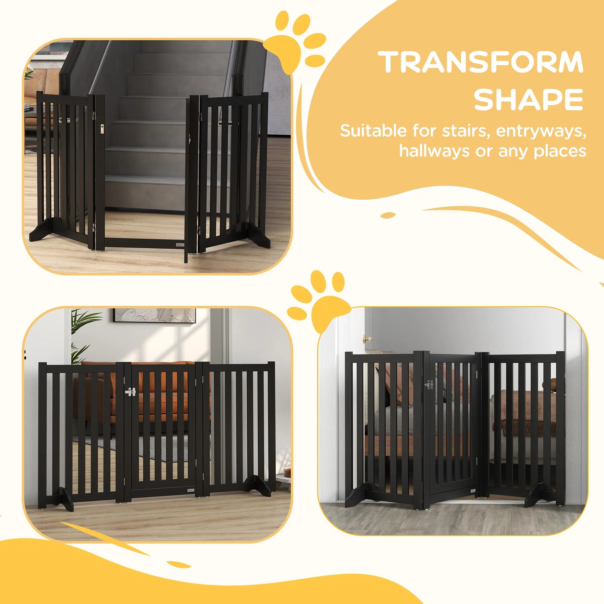 3-Panel Foldable Dog Gate with Feet for Medium Dogs and Below, Black - Image 4