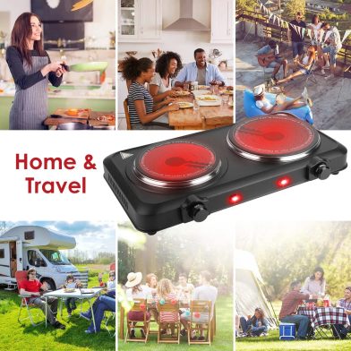 Infrared Dual Burner Hot Plate - 1000W & 800W Glass Plates, Quick/Even Heating, 302-1022 Stepless Temp, Auto Shut-Off, Compatible with Flat-Bottom Cookware, Compact Portable for Dorms/RVs