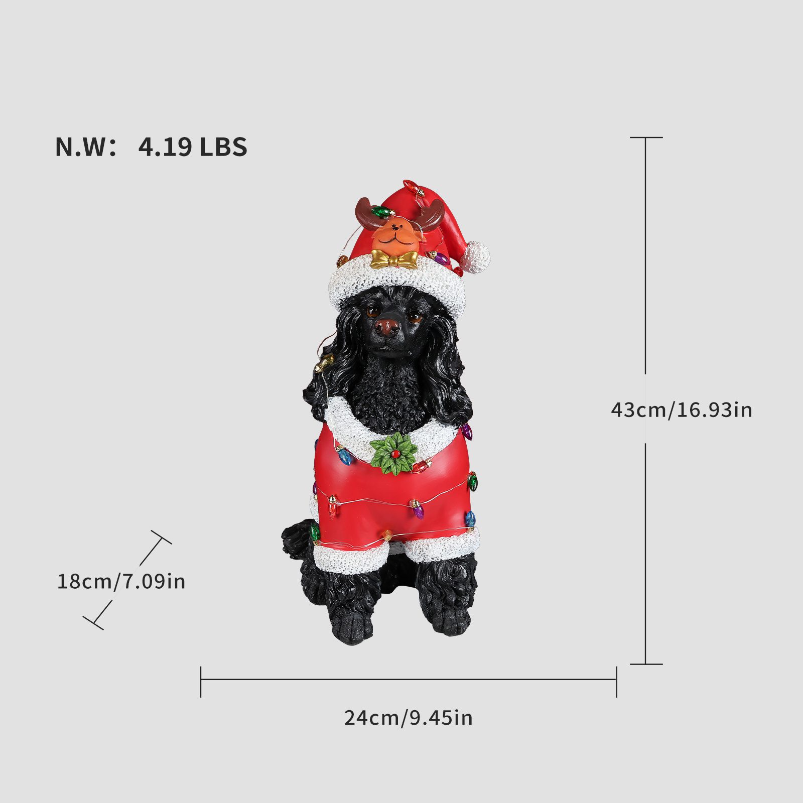Christmas Black Poodle Statue, Holiday Dog Figurine in Red Santa Outfit - Image 3