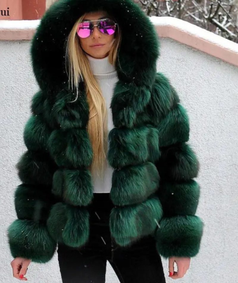 Women's Minimalist Hooded Patchwork Fur Grass Jacket - Image 4