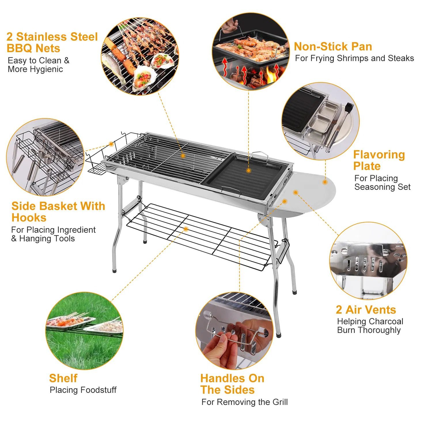 Foldable BBQ Grill Portable Charcoal Barbeque Grill Stainless Steel BBQ Grill For Picnic Camping Backyard Cooking - Image 2