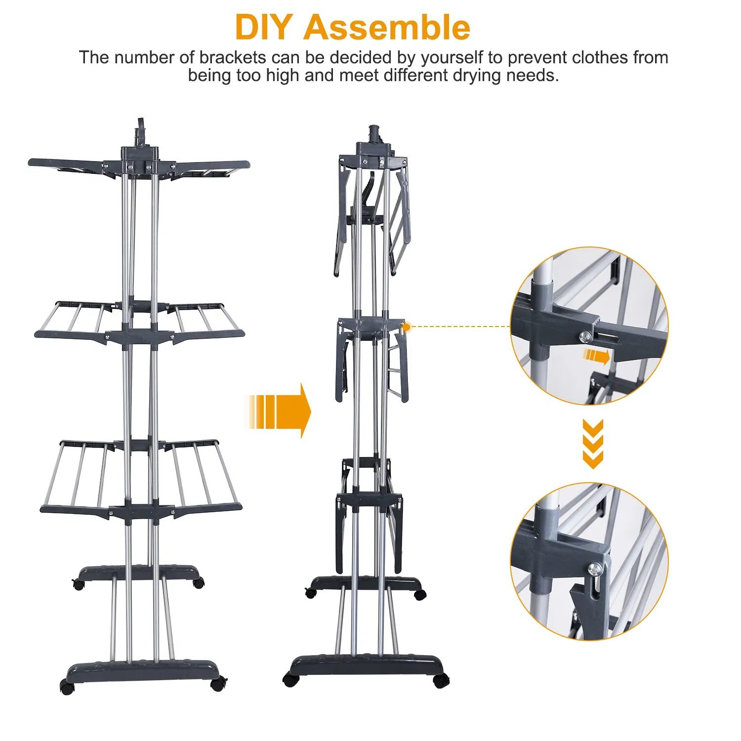 Clothes Drying Rack Rolling Collapsible Laundry Dryer Hanger Stand Rail Shelve Wardrobe Clothing Drying Racks w/ Dual Side Wings - Image 7