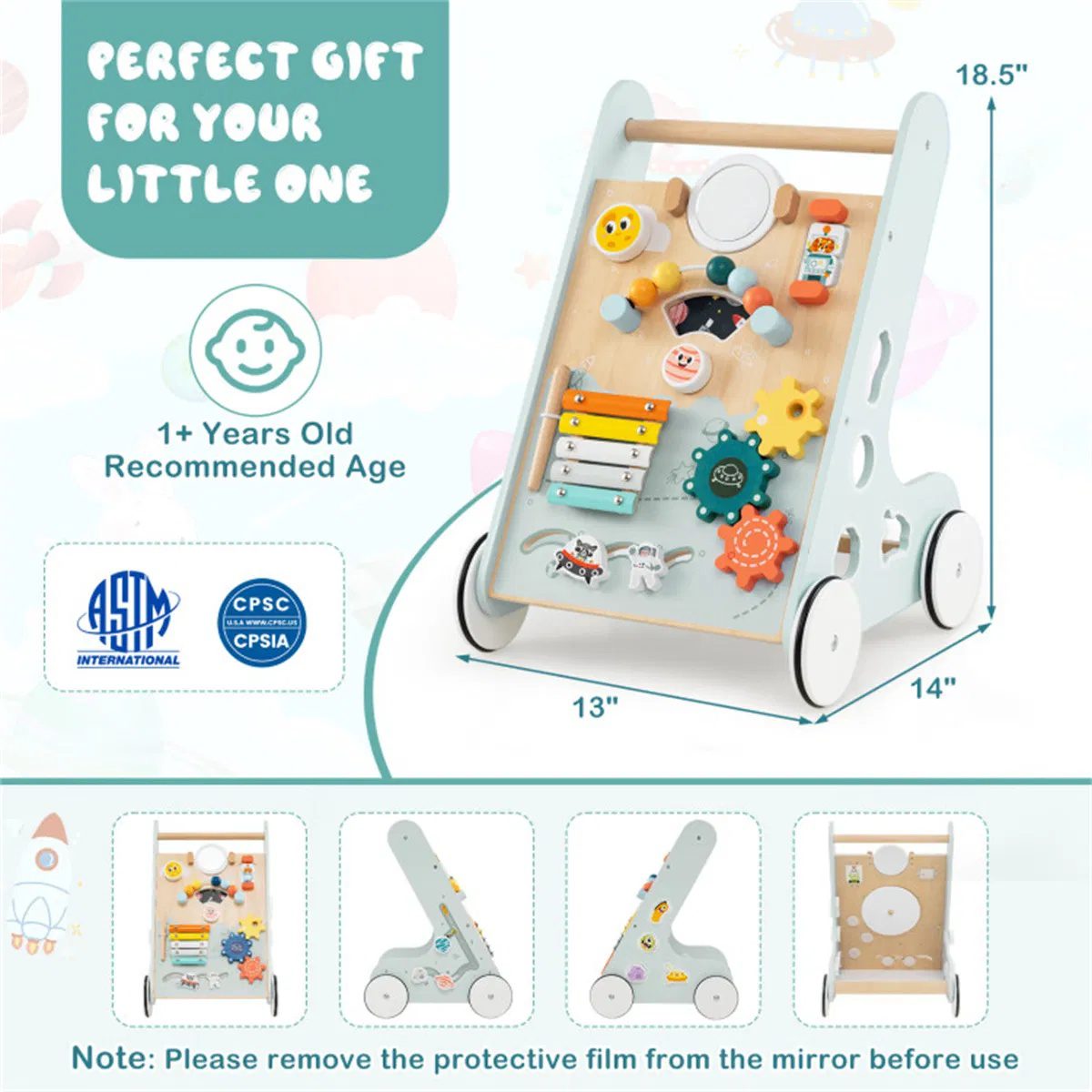 8-in-1 Wooden Baby Walker Push and Pull Learning Activity Center with Wheels for Toddlers 1+ Years Old - Image 4