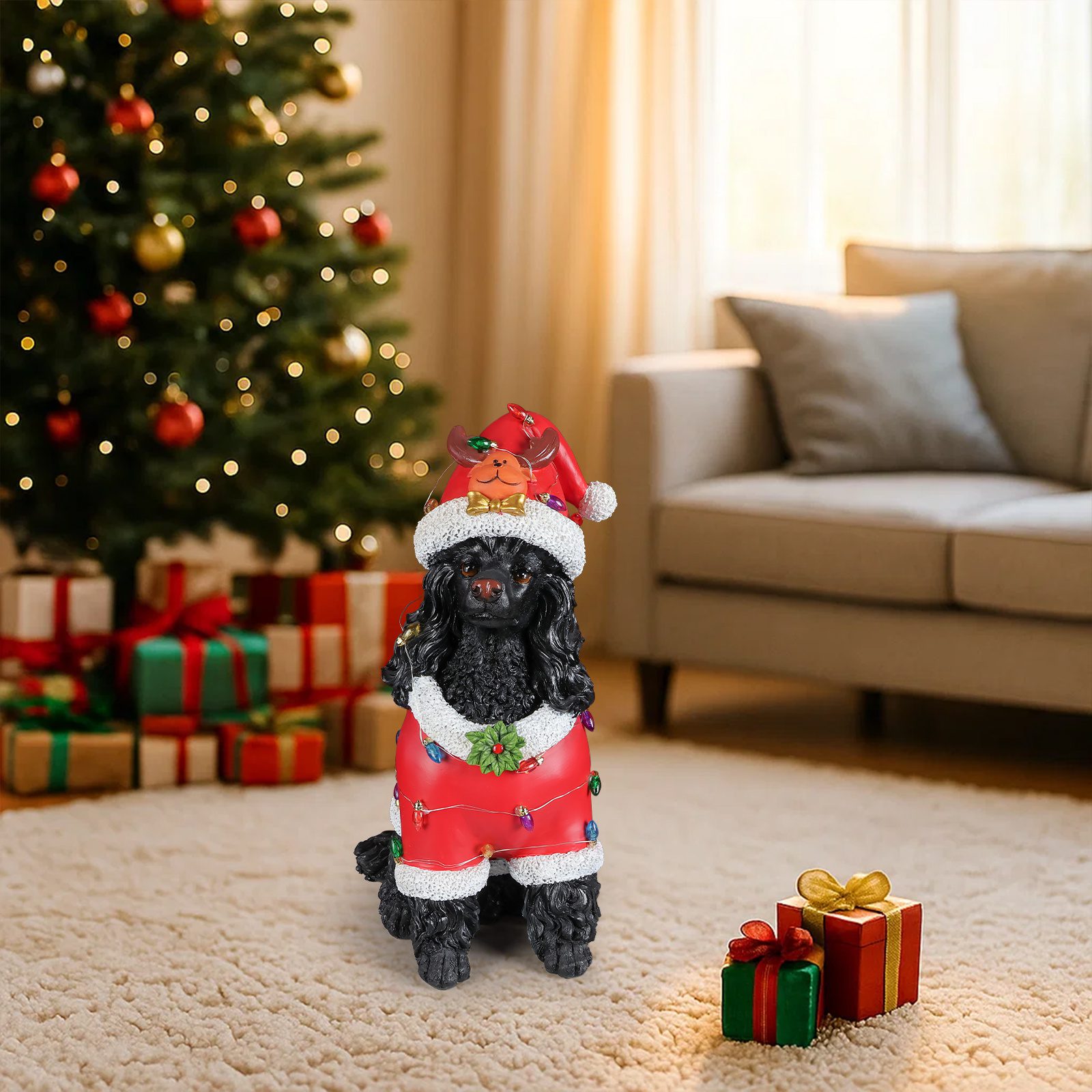Christmas Black Poodle Statue, Holiday Dog Figurine in Red Santa Outfit - Image 7