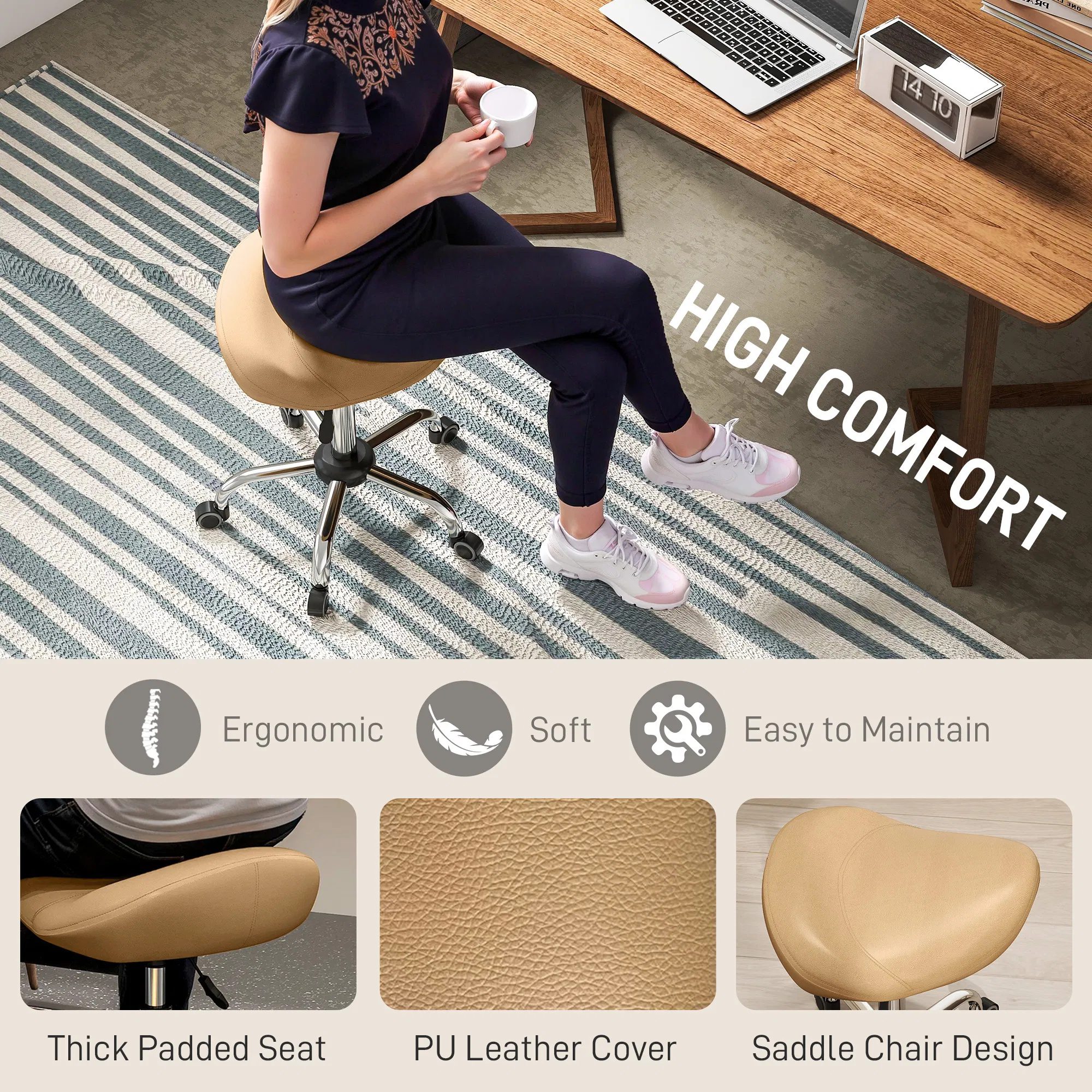 Saddle Stool, Height Adjustable Rolling Salon Chair with PU Leather for Massage, Spa, Clinic, Beauty and Tattoo, Brown - Image 4
