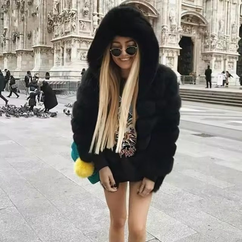 Women's Minimalist Hooded Patchwork Fur Grass Jacket - Image 2