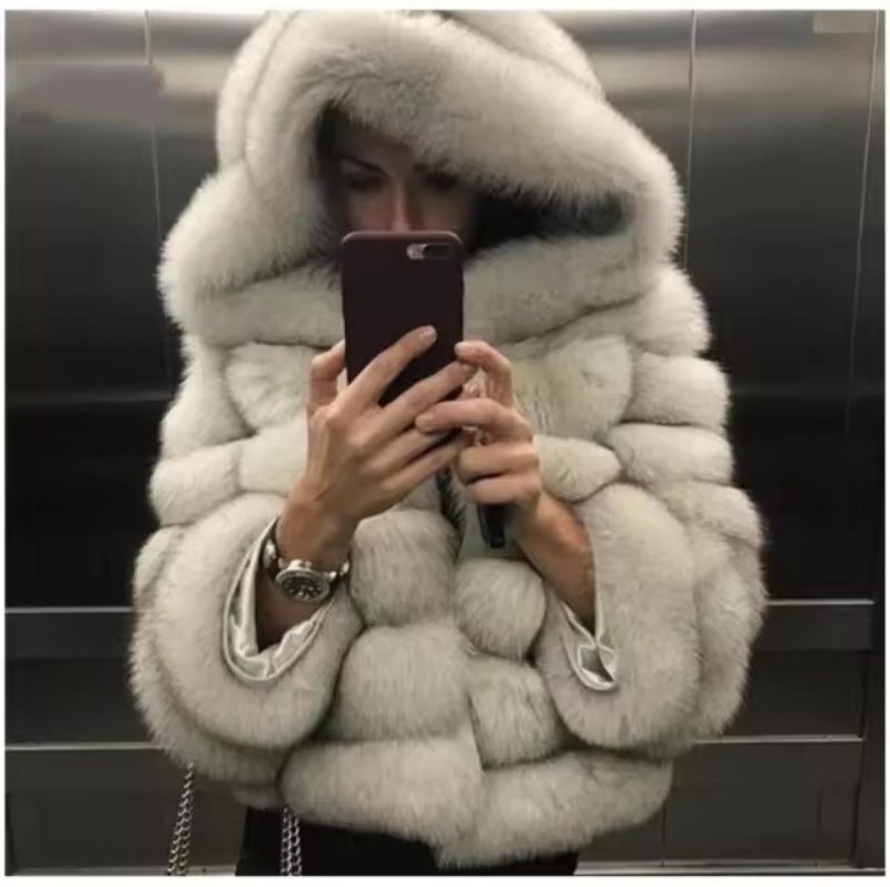 Women's Minimalist Hooded Patchwork Fur Grass Jacket - Image 3