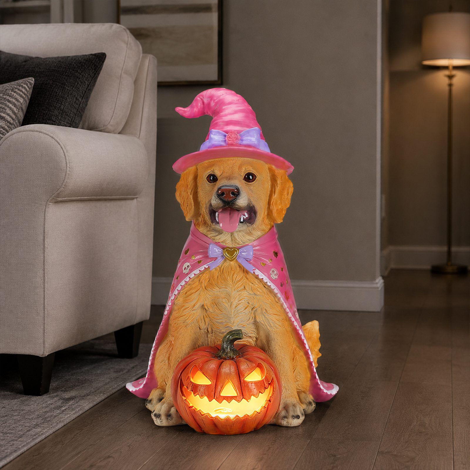 Halloween Golden Retriever Dog Statue, Large Sitting Dog Figurine with Pink Witch Hat & Cape, LED Light Up Jack-O-Lantern Pumpkin - Image 3