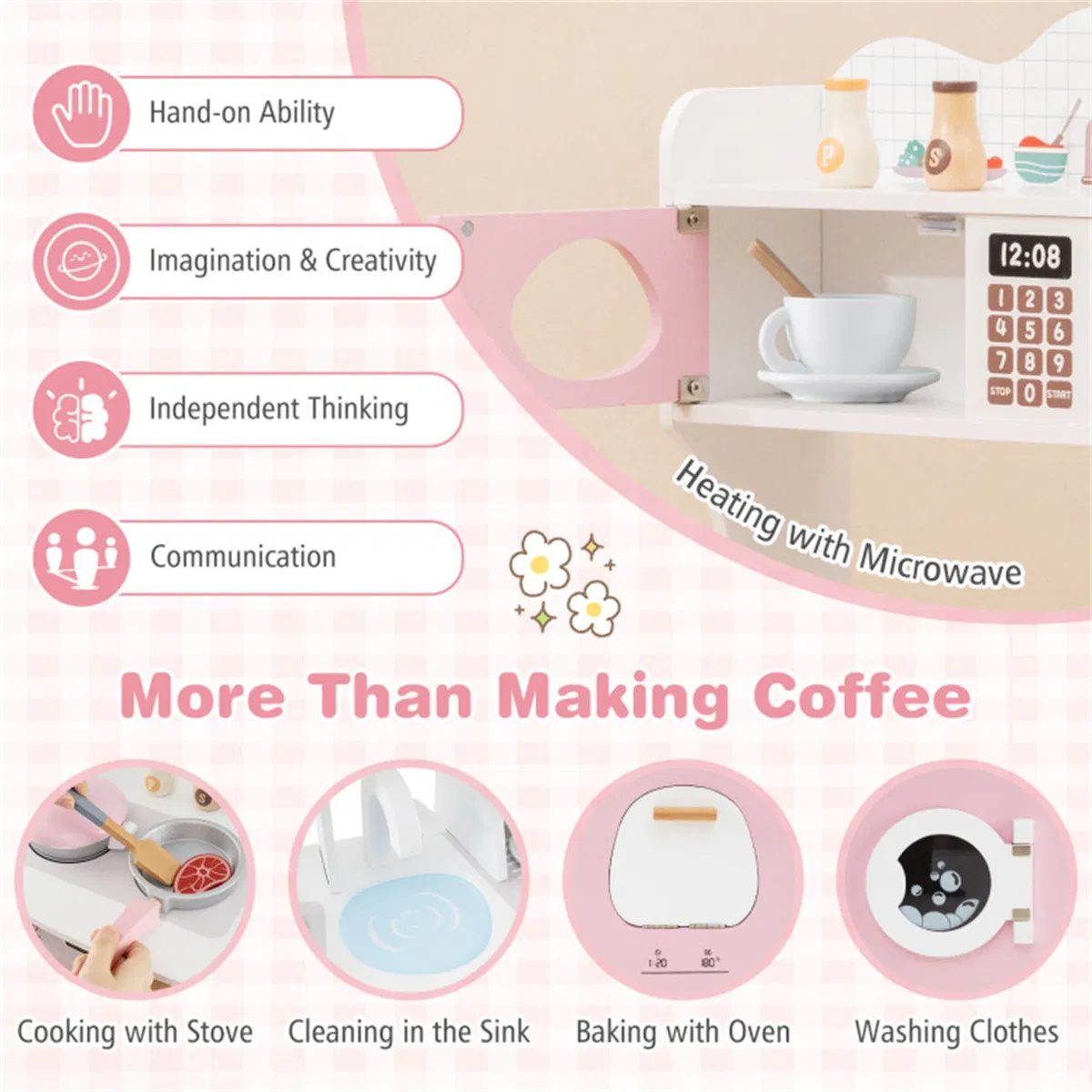 Pink Kids Coffee Kitchen Playset with Microwave Oven Stove for 3+ Years Old - Image 8