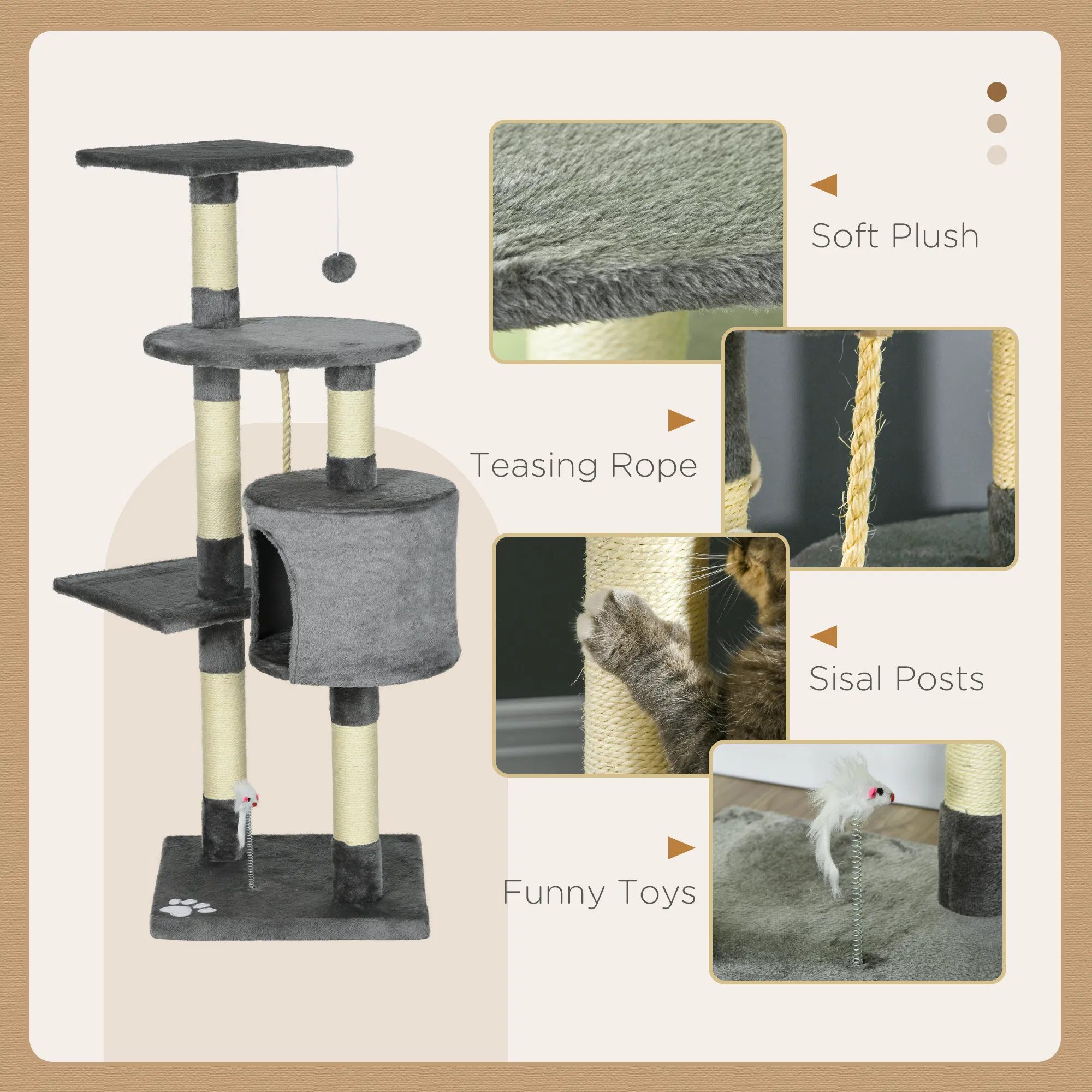 46Inch Scratching Cat Tree, Multi Level Cat Tower for Large Cats Adult with Toys and Condo, Grey - Image 4