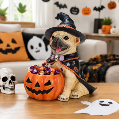 Halloween French Bulldog Witch Puppy Figurine, Cute Dog Holding Pumpkin Candy Bowl Decoration
