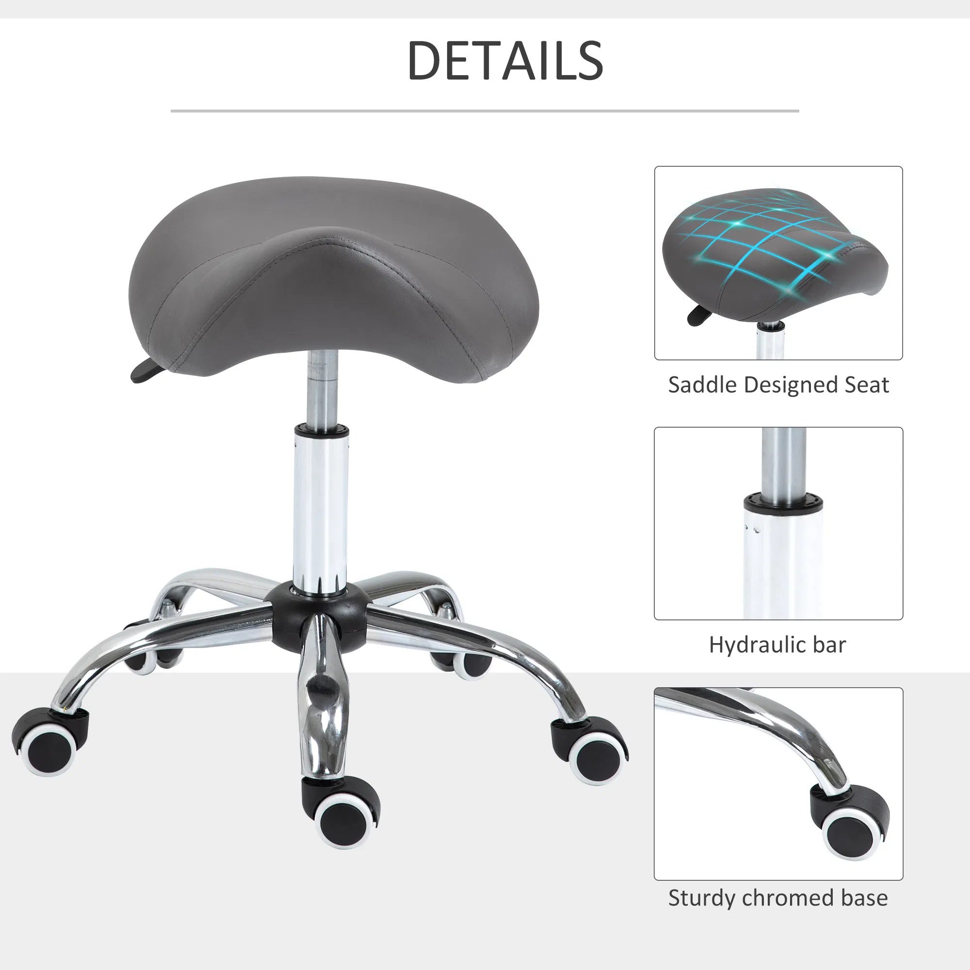 Saddle Stool Adjustable Hydraulic Rolling Beauty Salon Stool Ergonomic PU Leather Stool Round Grey - Image 5