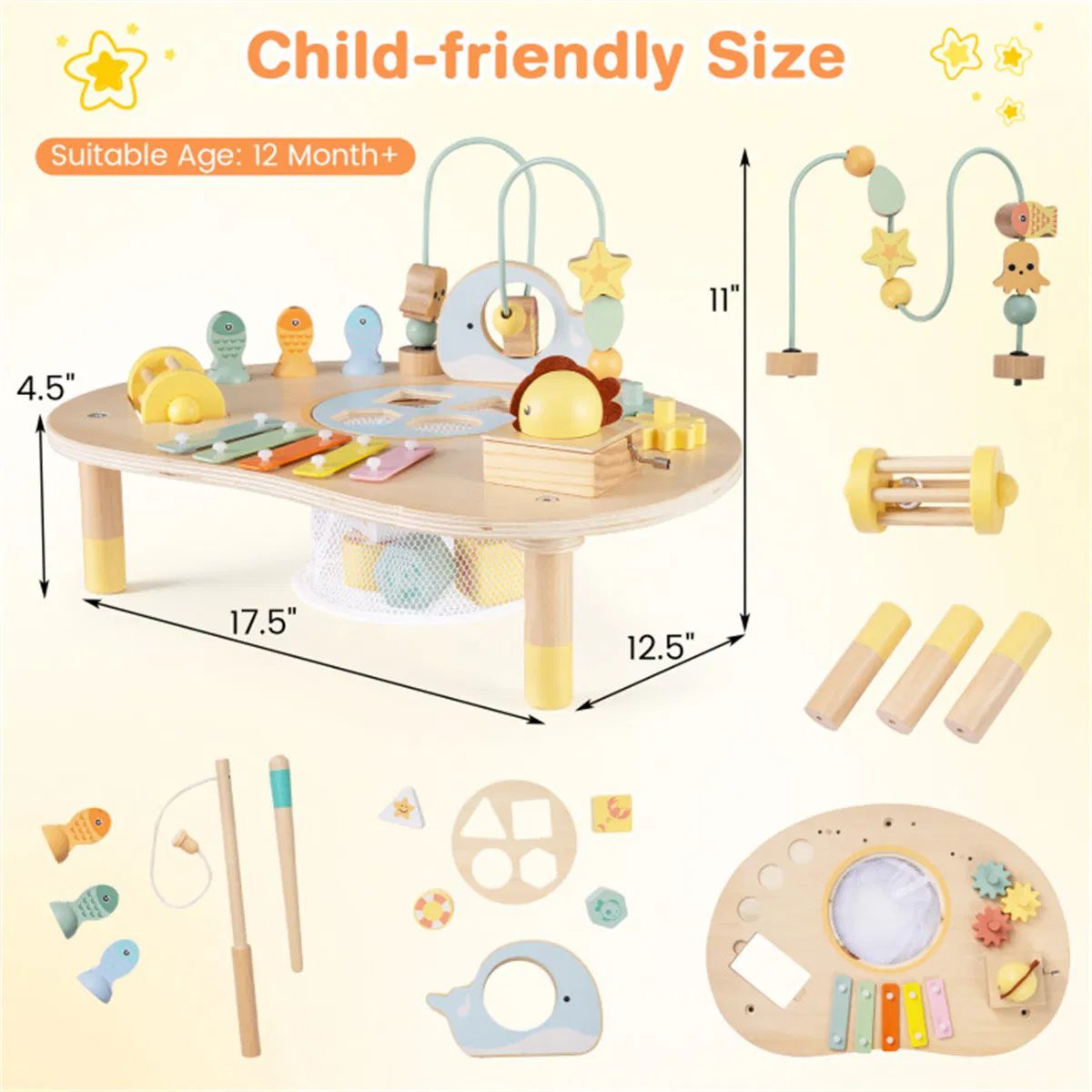7-in-1 Wooden Baby Activity Table 12M+ Sensory Play Table with Music & Shape Sorting - Image 3