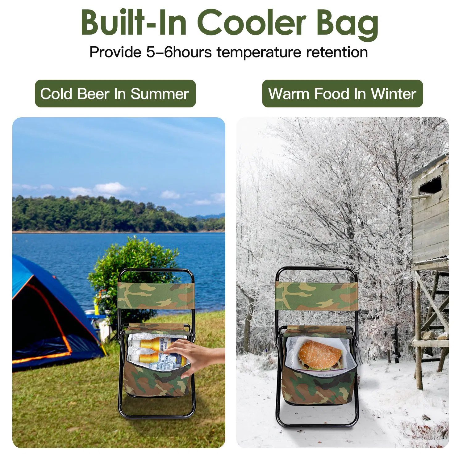 Collapsible Fishing Chair with Built-in Insulated Cooler Bag, Portable Oxford Outdoor Chair with Backrest, 200lbs Weight Capacity for Camping Concert BBQ Adventures - Image 2