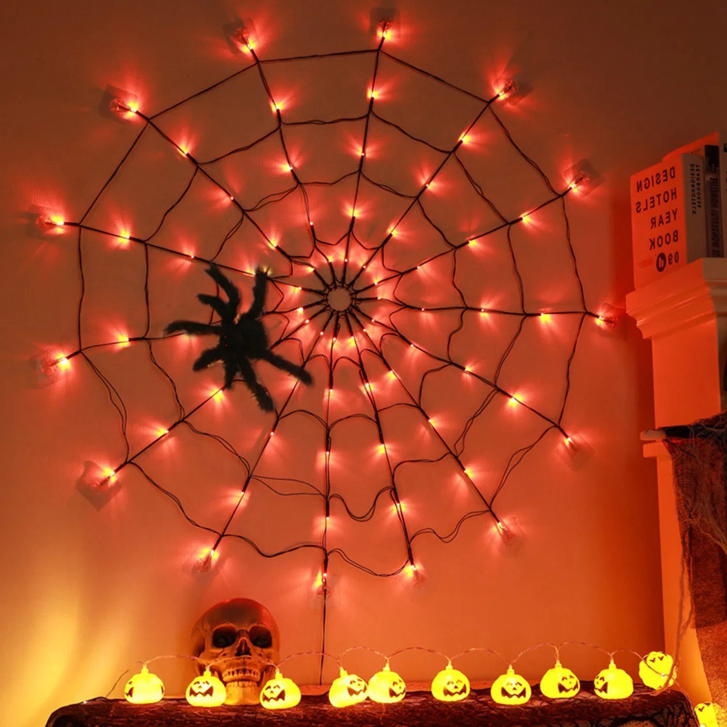 Halloween Spider Web Light - 3.28ft Diameter, 70 LEDs, 8 Modes, 10 Brightness Levels - Battery Powered, IP44 Waterproof with Remote & Timer - Orange/Purple Options - Image 2